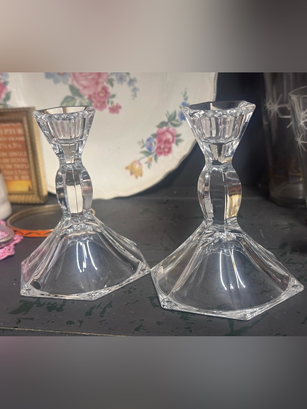Pair Vintage Clear Crystal Glass Candlesticks Hexagon Base Taper Holders 4”